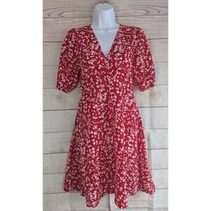 Shein Red & White Ditsy Floral V Neck Mini Short Sleeve Dress Size Small
